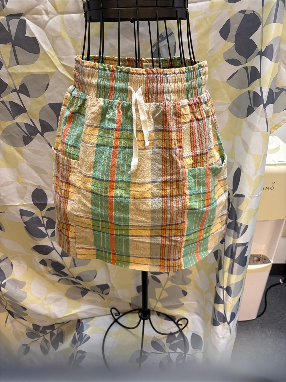 Urban Outfitters Yellow Green Plaid Drawstring Mini Skirt